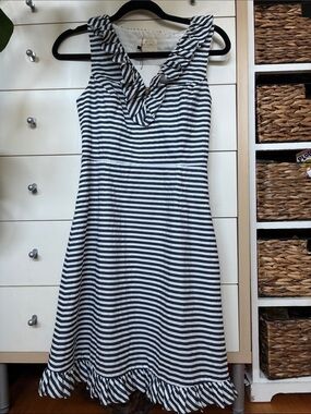 Kate Spade Blue & White Striped Ruffle-Trim Midi Dress, Sz:0.